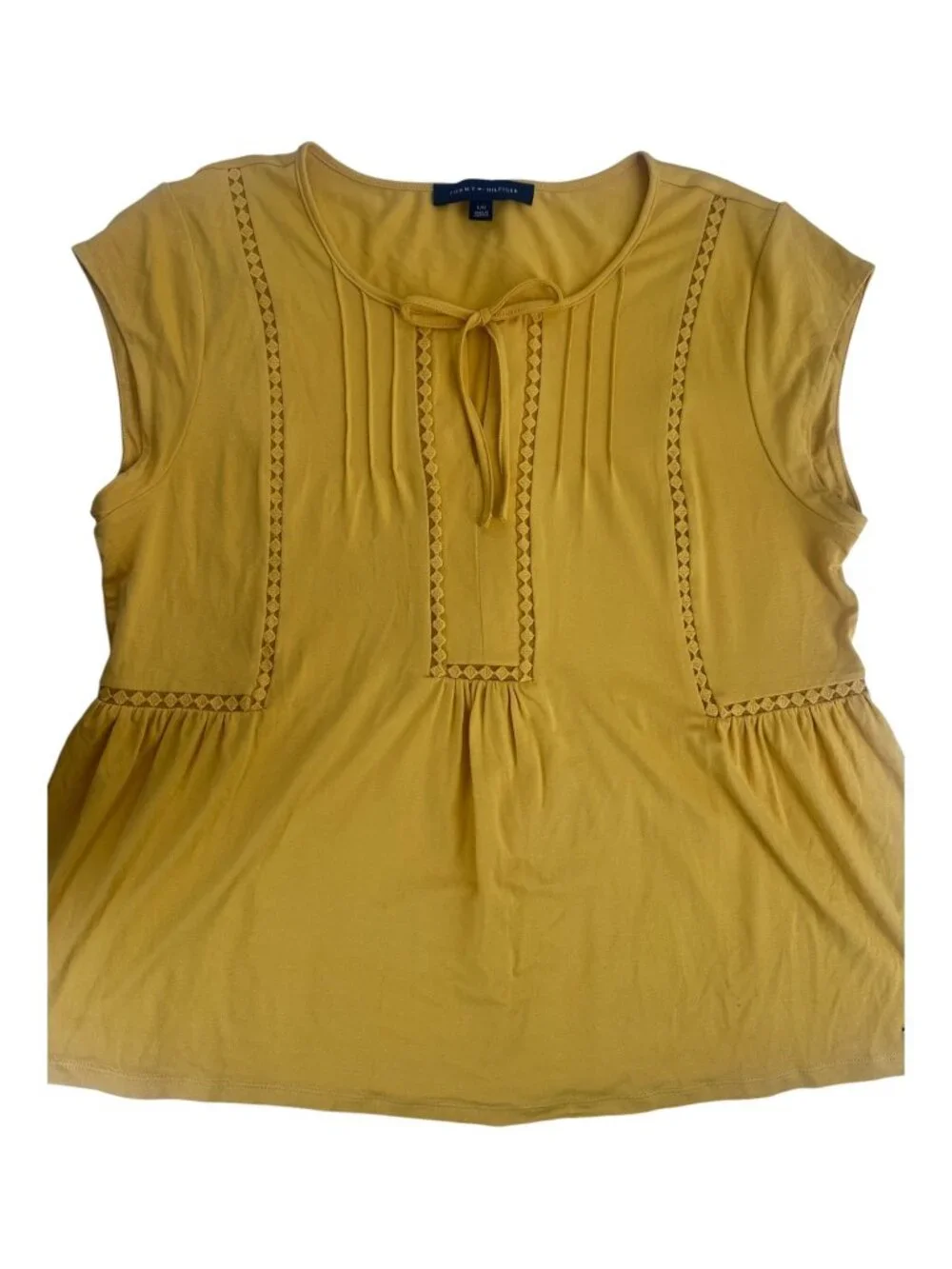 Tommy Hilfiger Blouse Large Mustard Yellow Peplum Crochet Lace Knit Boho NWOT